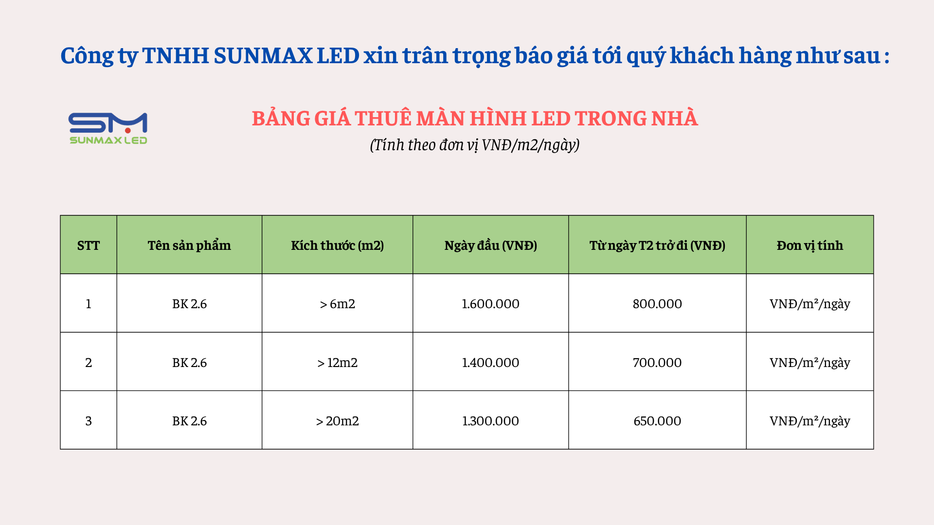 Bảng báo giá màn hình led BK2.6 Nhà Sunmax LED