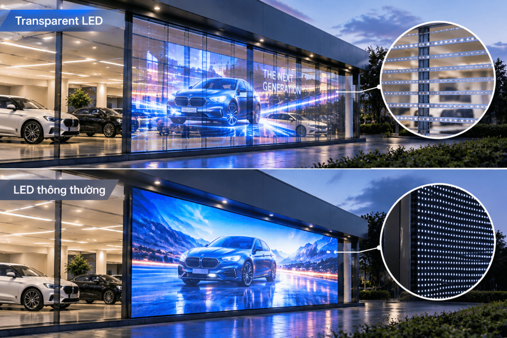 so sánh led trong suốt và led module

